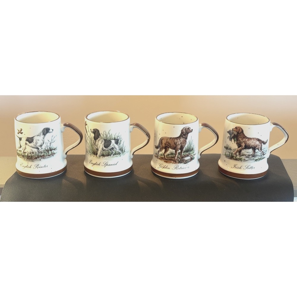 4 Vtg Pointer Irish Setter Golden Retriever English Spaniel Mugs Hunt Speckled